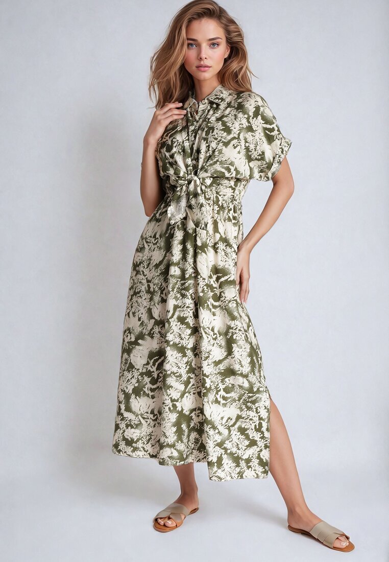 melya by melody Rochie Verde-Bej Taliată cu elastic în talie Închisă cu nasturi Nasica
