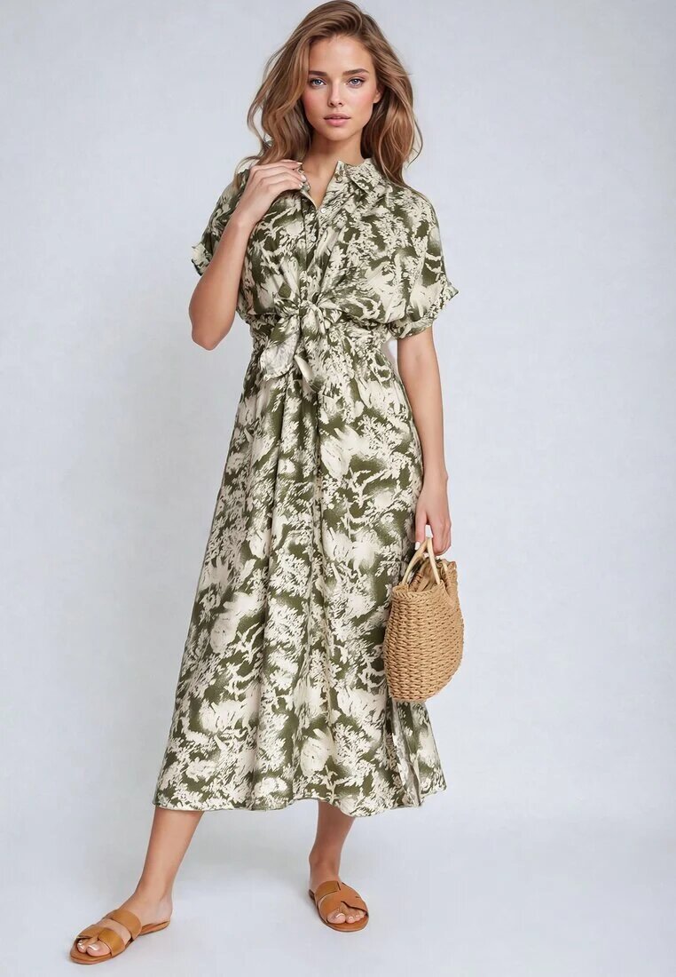 melya by melody Rochie Verde-Bej Taliată cu elastic în talie Închisă cu nasturi Nasica