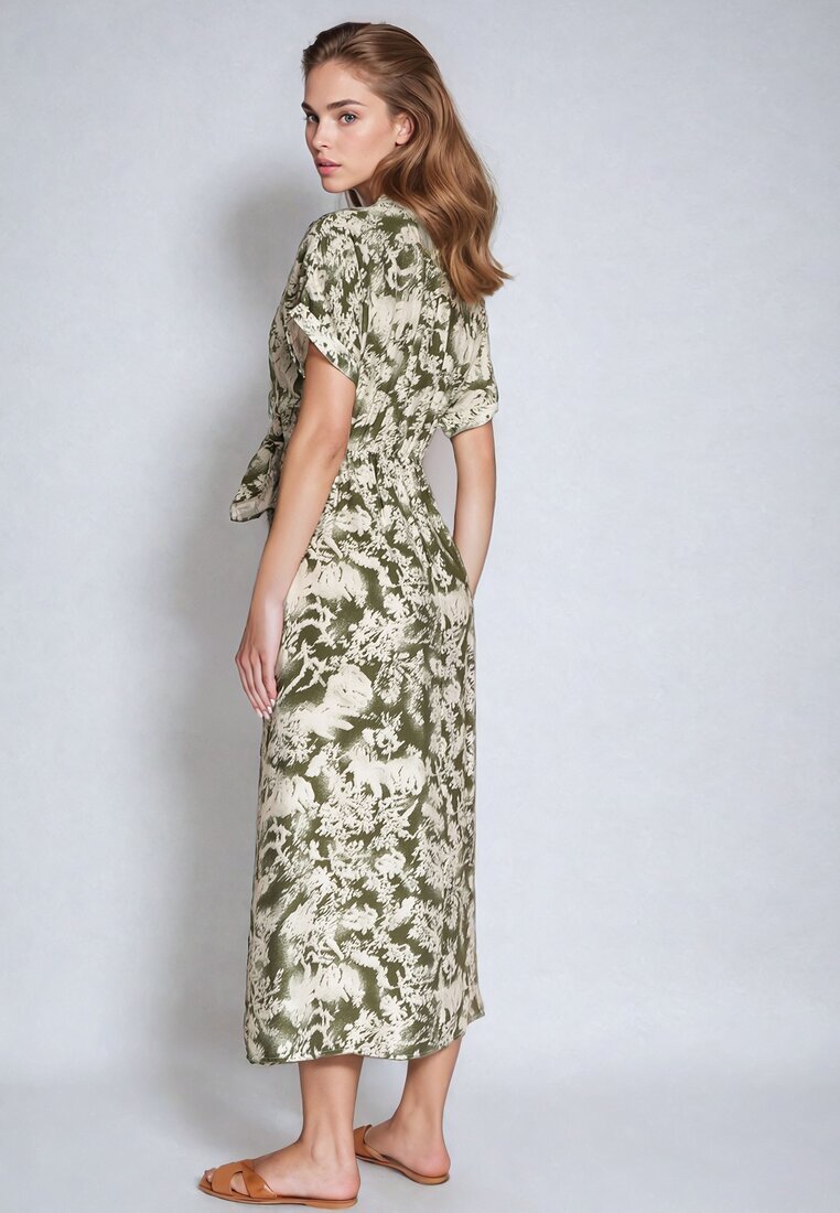 melya by melody Rochie Verde-Bej Taliată cu elastic în talie Închisă cu nasturi Nasica
