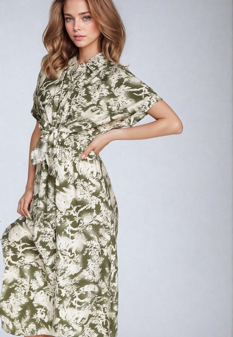melya by melody Rochie Verde-Bej Taliată cu elastic în talie Închisă cu nasturi Nasica
