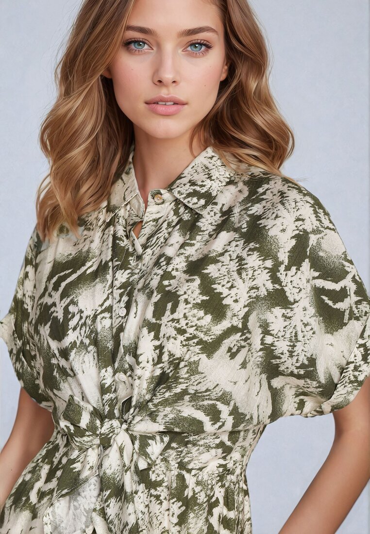 melya by melody Rochie Verde-Bej Taliată cu elastic în talie Închisă cu nasturi Nasica