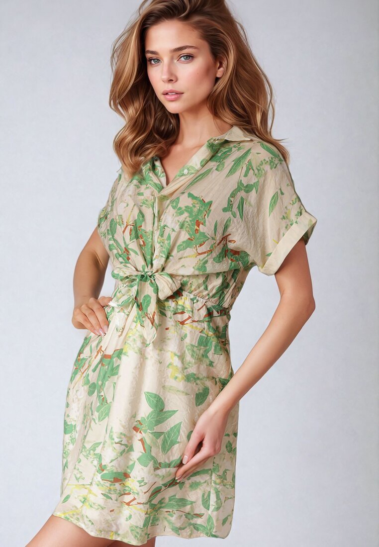 melya by melody Rochie Verde Cambrată cu Guler tip Cămașă cu Imprimeu Abstract Namselle