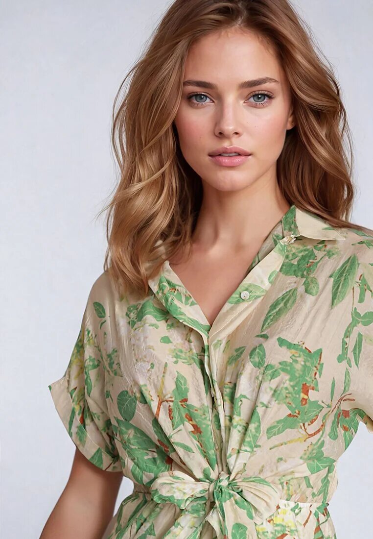 melya by melody Rochie Verde Cambrată cu Guler tip Cămașă cu Imprimeu Abstract Namselle