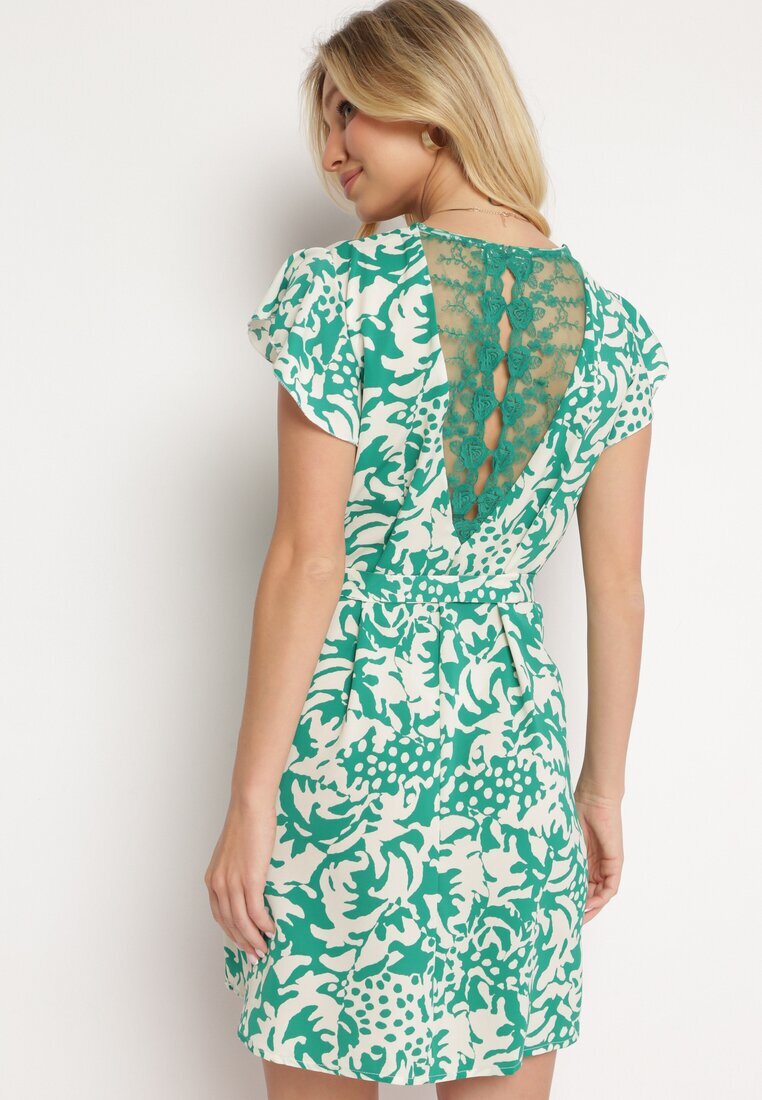 melya by melody Rochie Verde cu mânecă scurtă decorată cu plasă la decolteu cu curea din material Meada