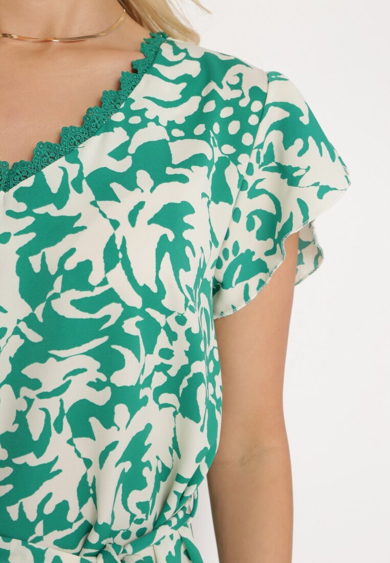 melya by melody Rochie Verde cu mânecă scurtă decorată cu plasă la decolteu cu curea din material Meada