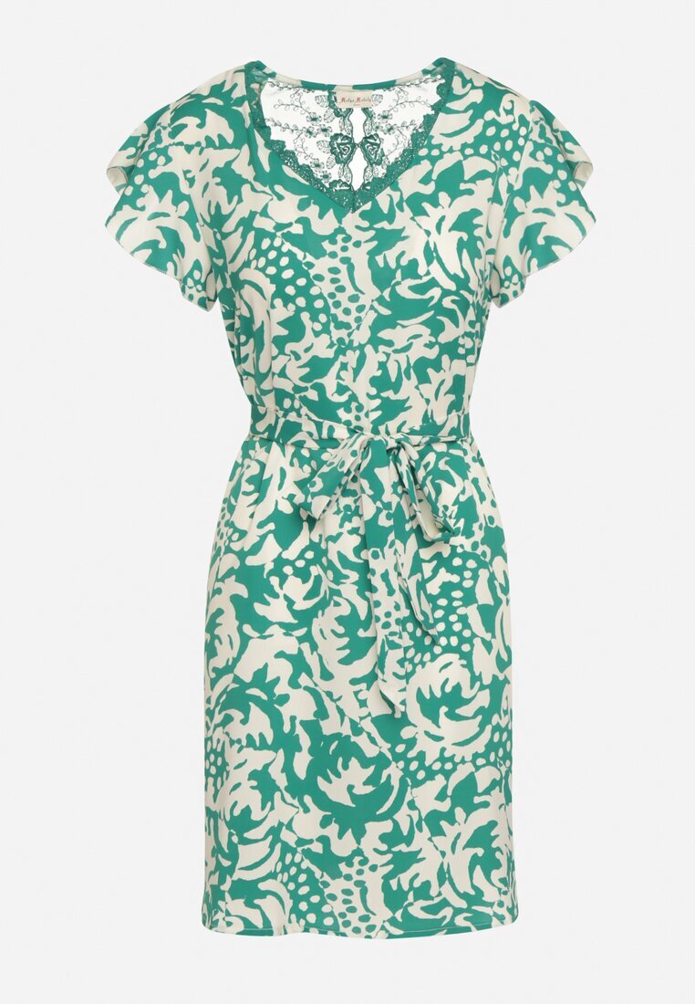 melya by melody Rochie Verde cu mânecă scurtă decorată cu plasă la decolteu cu curea din material Meada