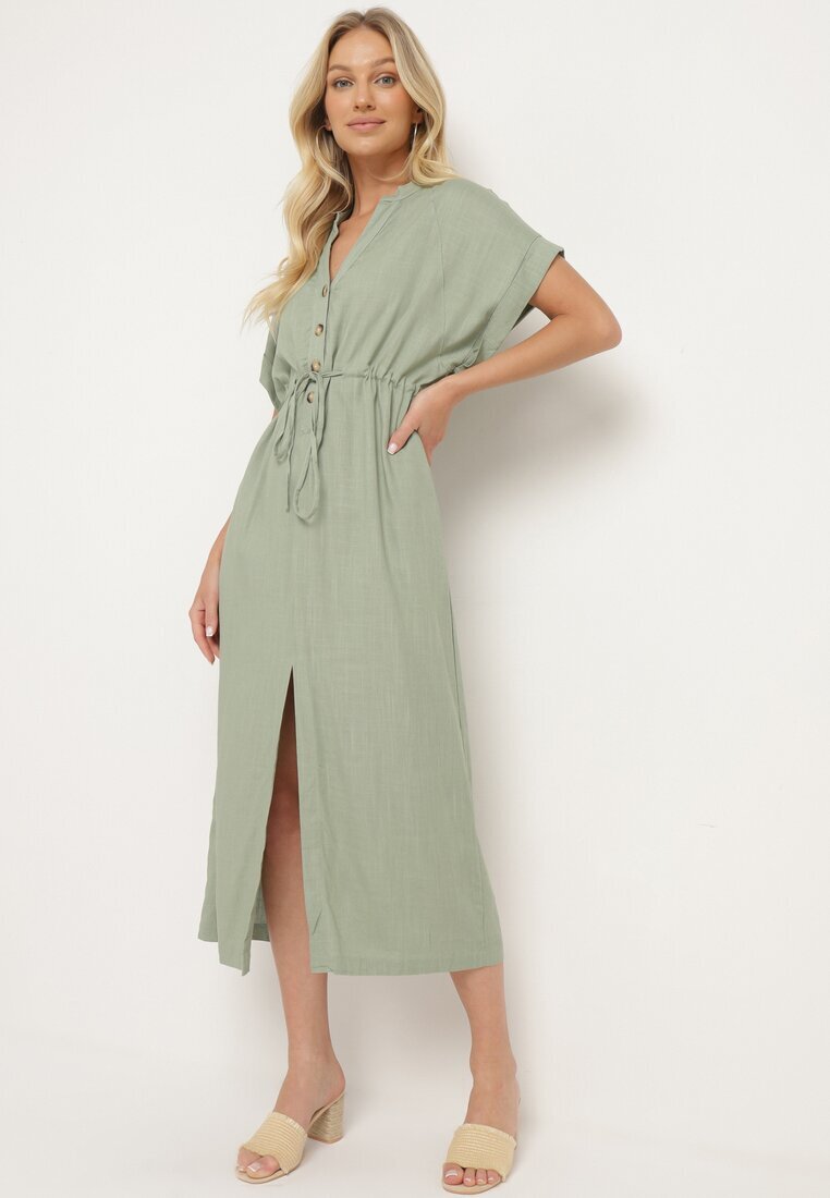 melya by melody Rochie Verde din Bumbac cu Partea Superioară Tip Cămașă și Elastic în Talie Vikleta
