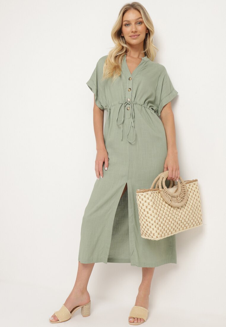 melya by melody Rochie Verde din Bumbac cu Partea Superioară Tip Cămașă și Elastic în Talie Vikleta