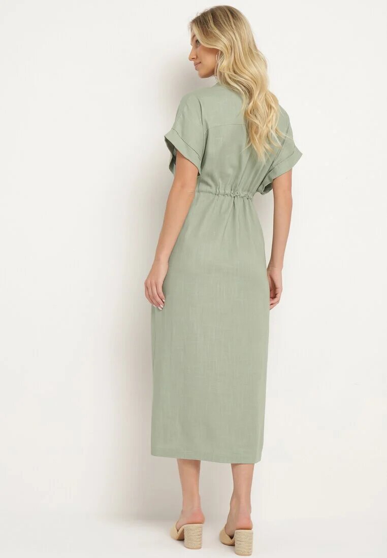 melya by melody Rochie Verde din Bumbac cu Partea Superioară Tip Cămașă și Elastic în Talie Vikleta