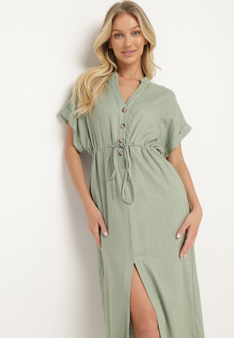 melya by melody Rochie Verde din Bumbac cu Partea Superioară Tip Cămașă și Elastic în Talie Vikleta