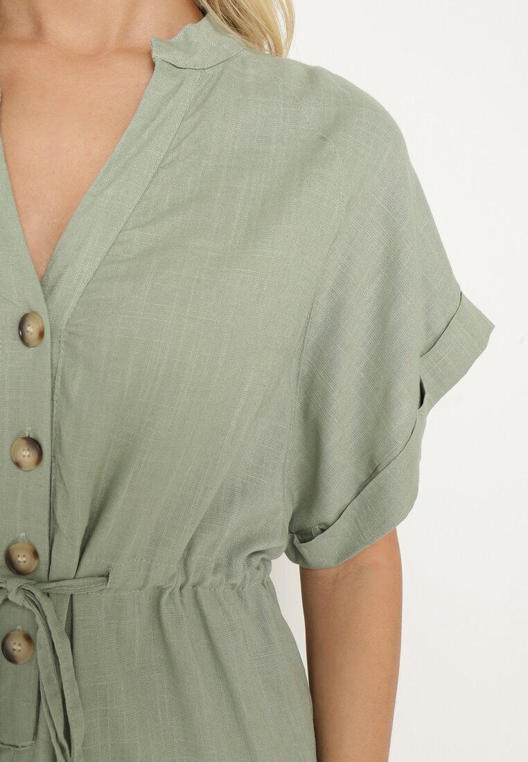 melya by melody Rochie Verde din Bumbac cu Partea Superioară Tip Cămașă și Elastic în Talie Vikleta