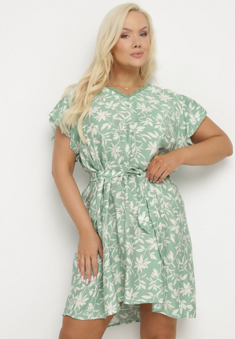 melya by melody Rochie Verde Legată cu Centură în Talie cu Dantelă Tolamira