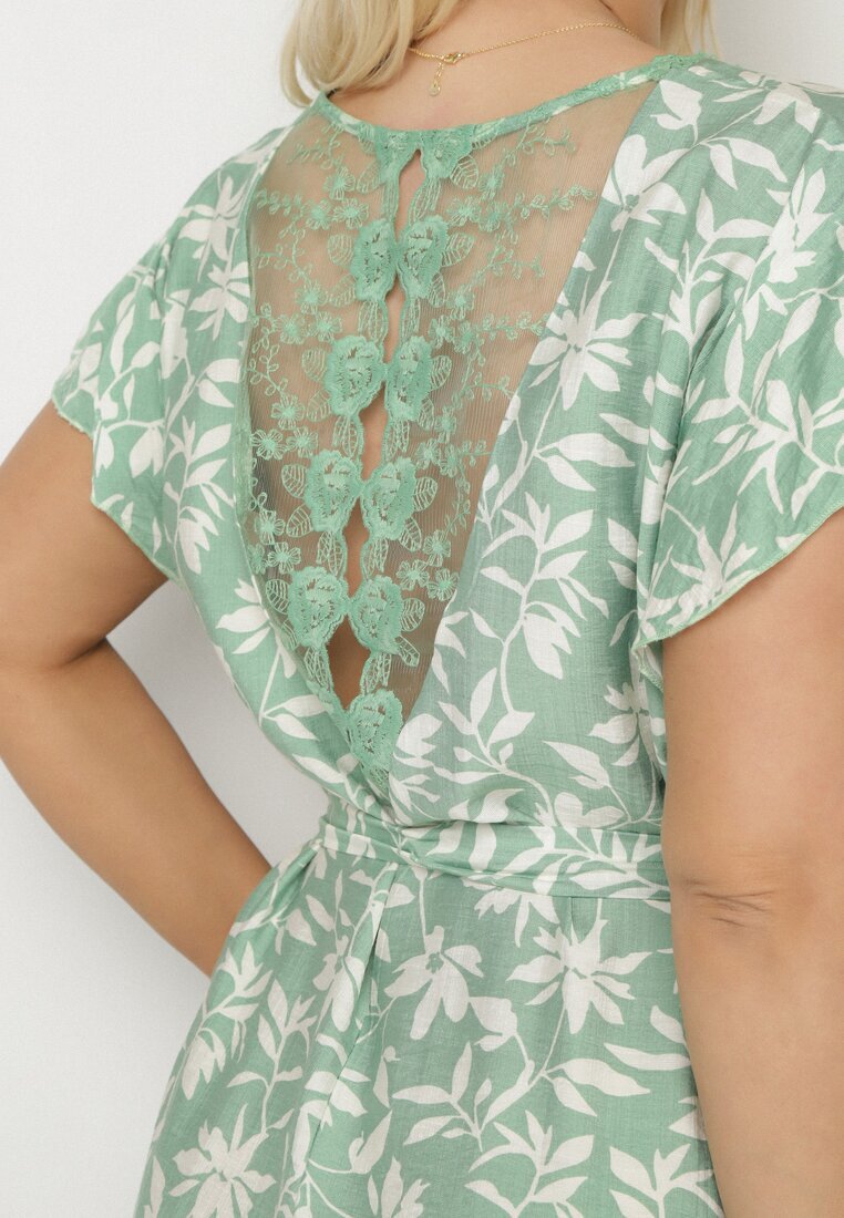 melya by melody Rochie Verde Legată cu Centură în Talie cu Dantelă Tolamira
