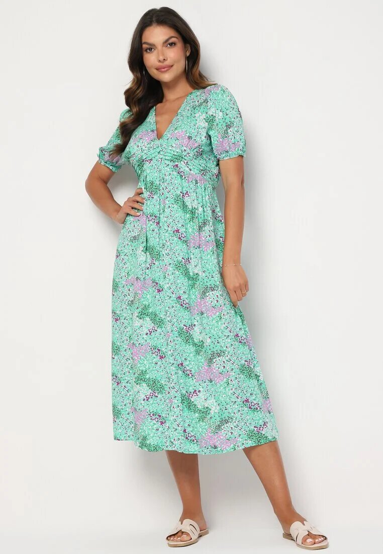 melya by melody Rochie Verde Midi cu Decolteu Adânc și Elastic în Talie din Viscoză Arevik