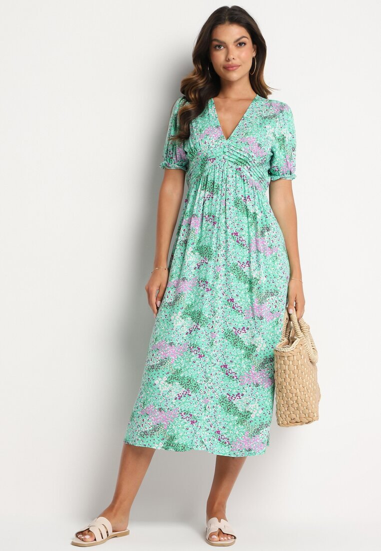 melya by melody Rochie Verde Midi cu Decolteu Adânc și Elastic în Talie din Viscoză Arevik