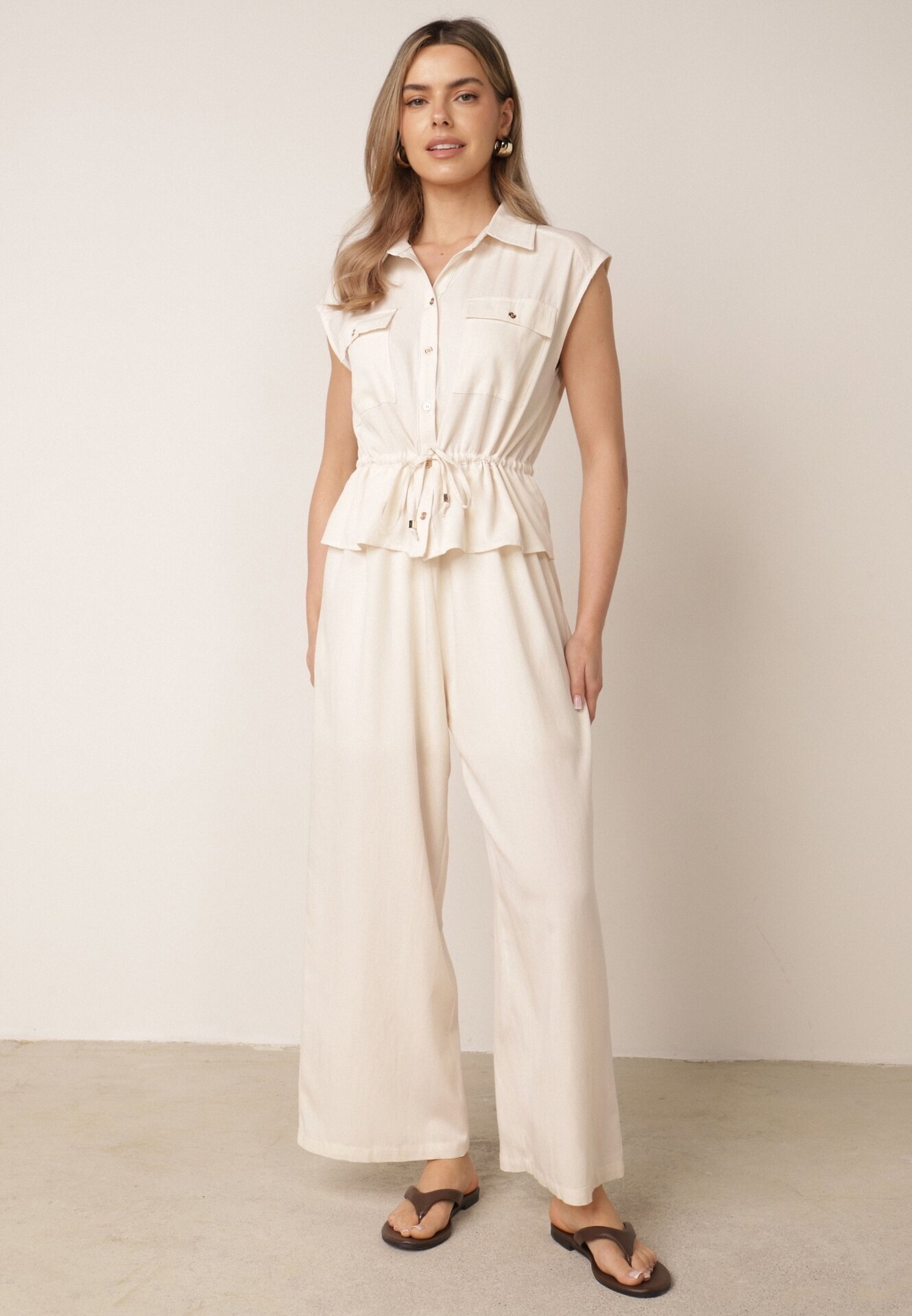 melya by melody Salopetă casual de vară din bumbac și viscoză cu peplum Chlorase Bej