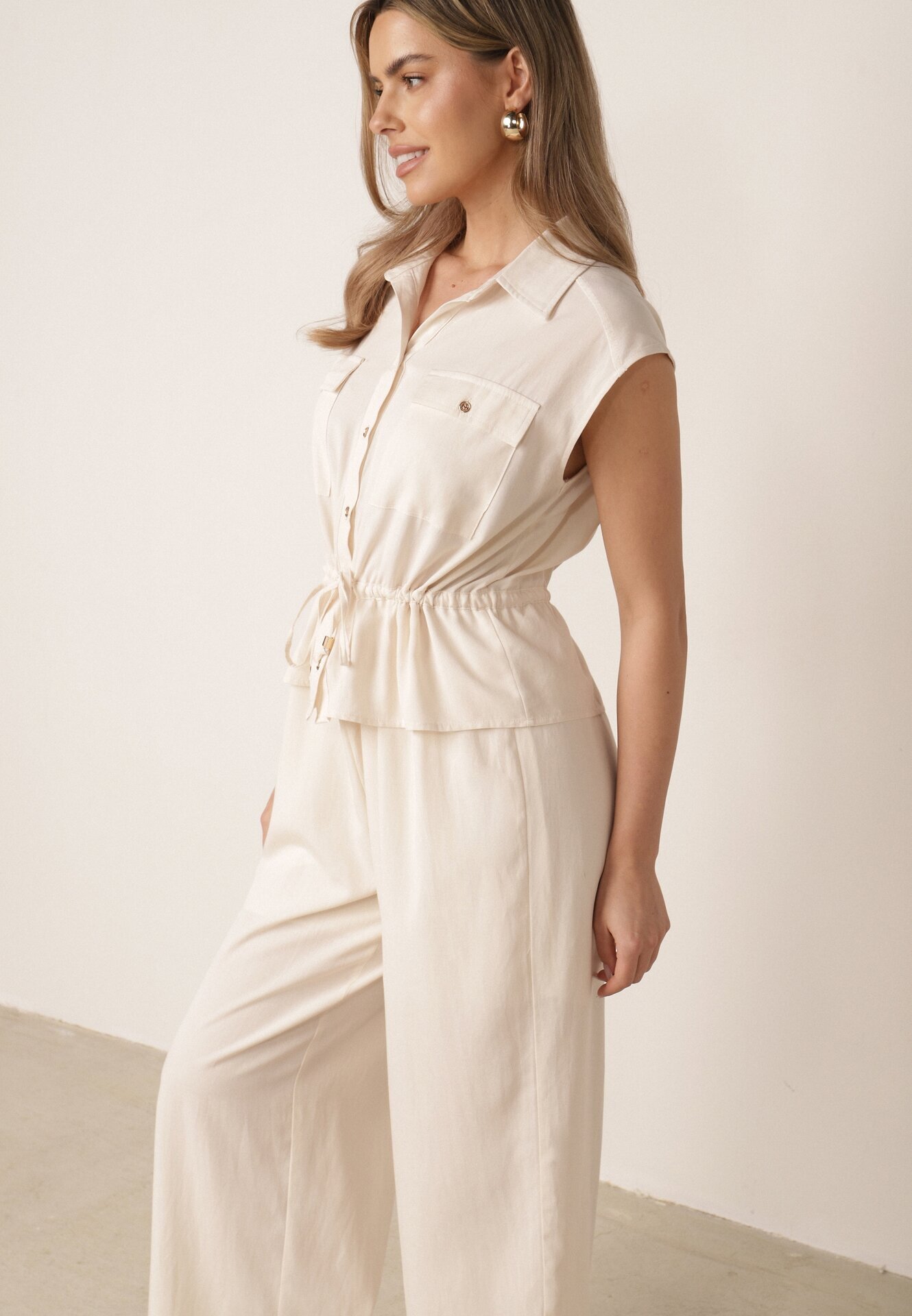 melya by melody Salopetă casual de vară din bumbac și viscoză cu peplum Chlorase Bej