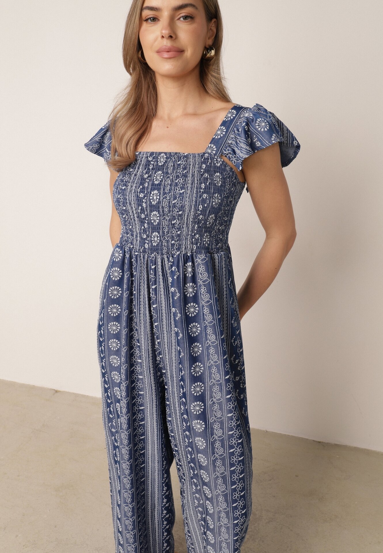 melya by melody Salopetă de vară Casual din vâscoză cu broderie etno și volănașe Paninna Albastră