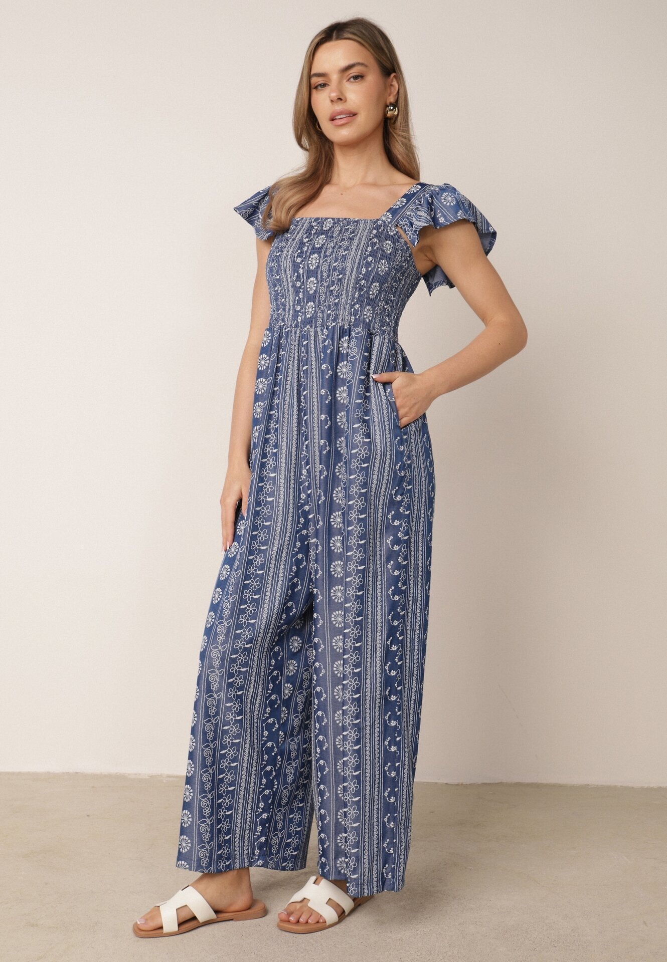 melya by melody Salopetă de vară Casual din vâscoză cu broderie etno și volănașe Paninna Albastră