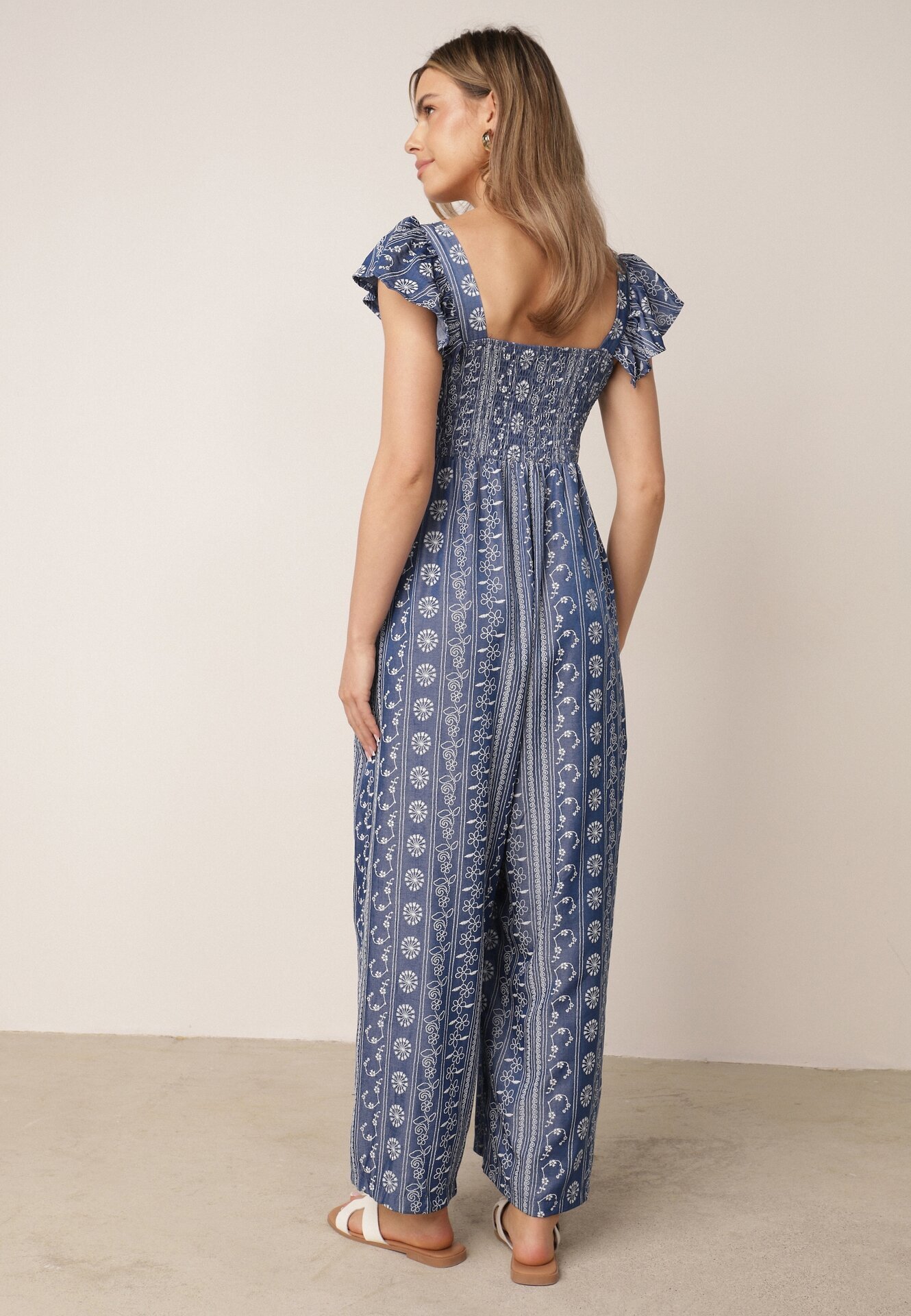 melya by melody Salopetă de vară Casual din vâscoză cu broderie etno și volănașe Paninna Albastră