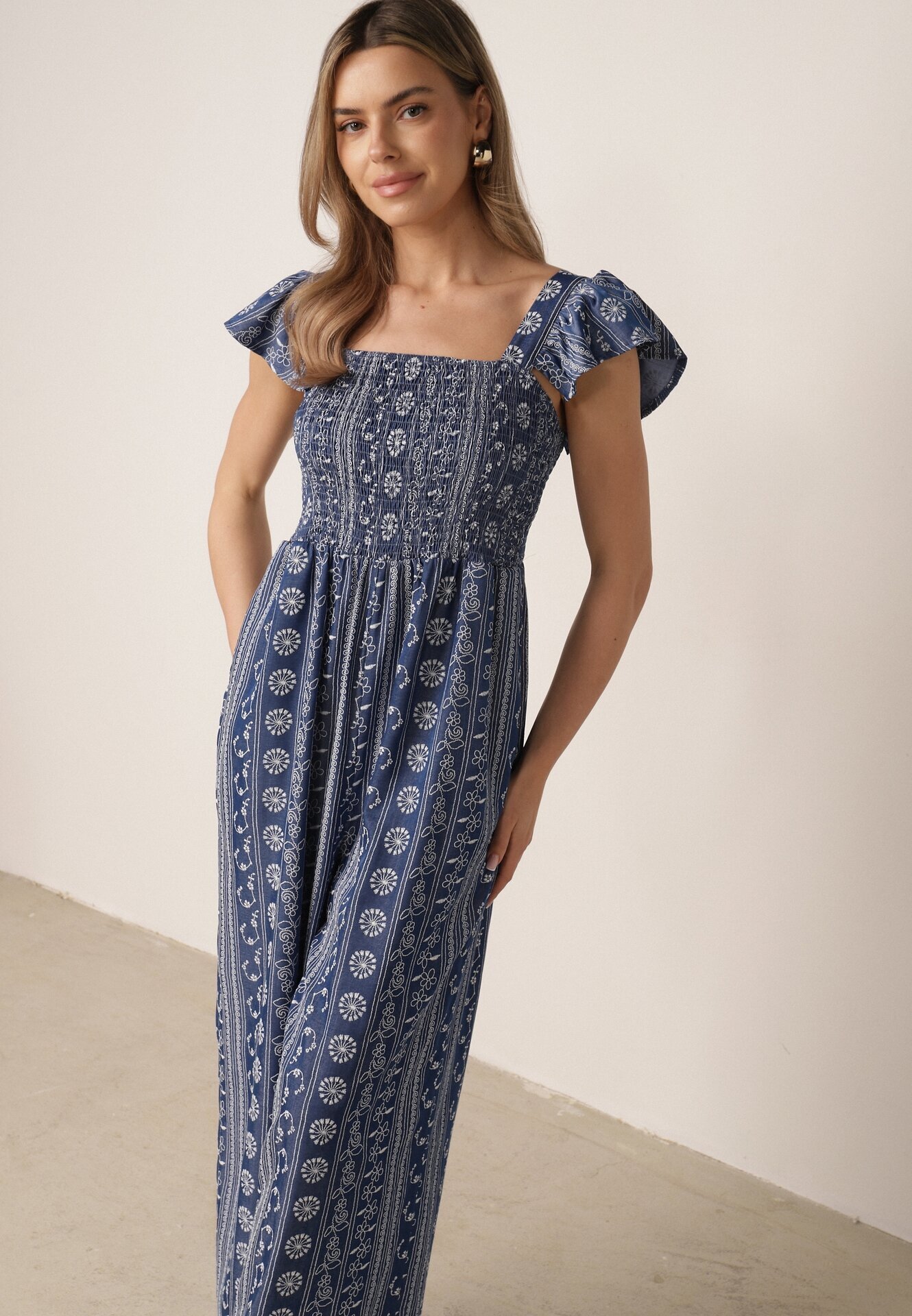 melya by melody Salopetă de vară Casual din vâscoză cu broderie etno și volănașe Paninna Albastră
