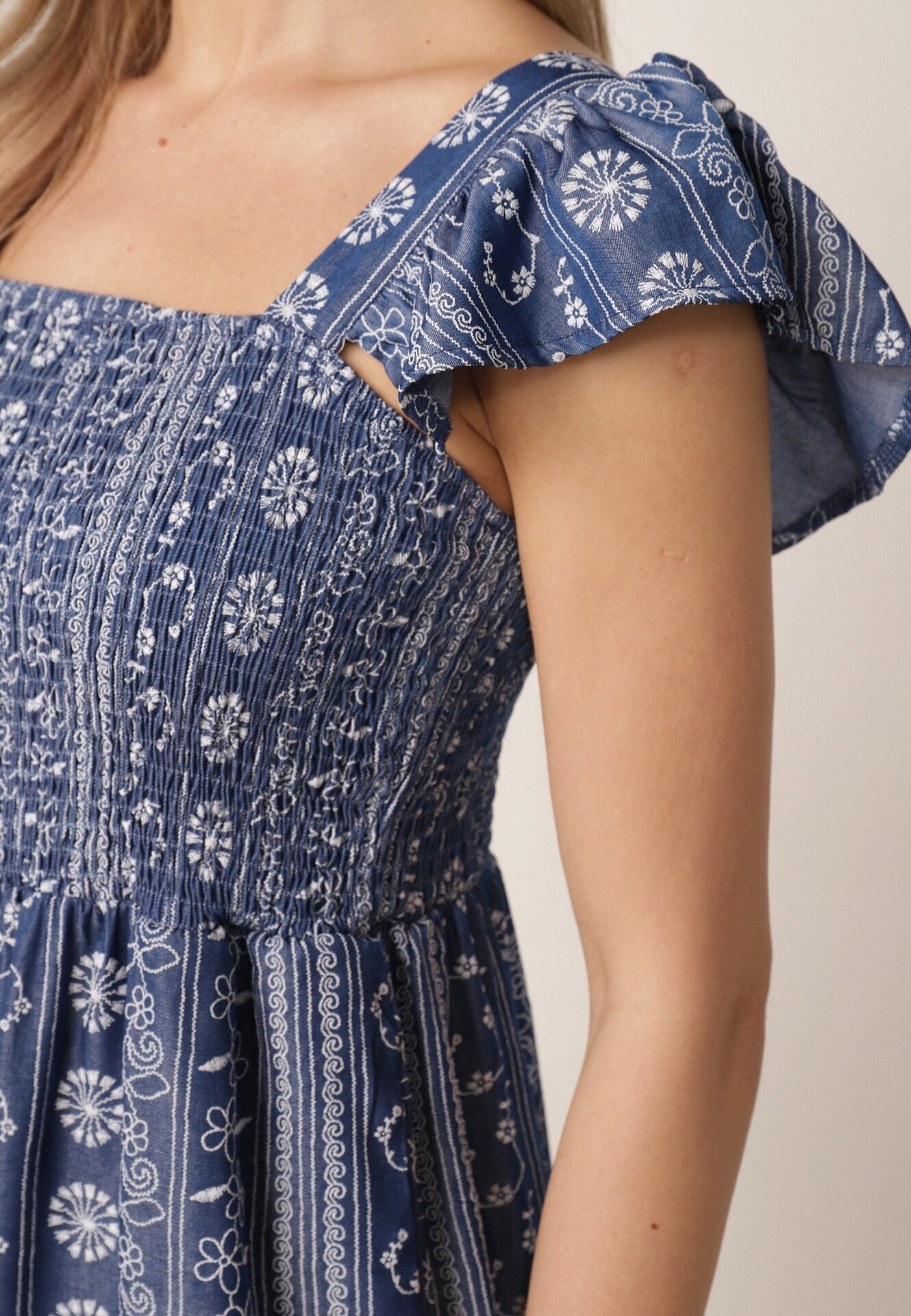 melya by melody Salopetă de vară Casual din vâscoză cu broderie etno și volănașe Paninna Albastră