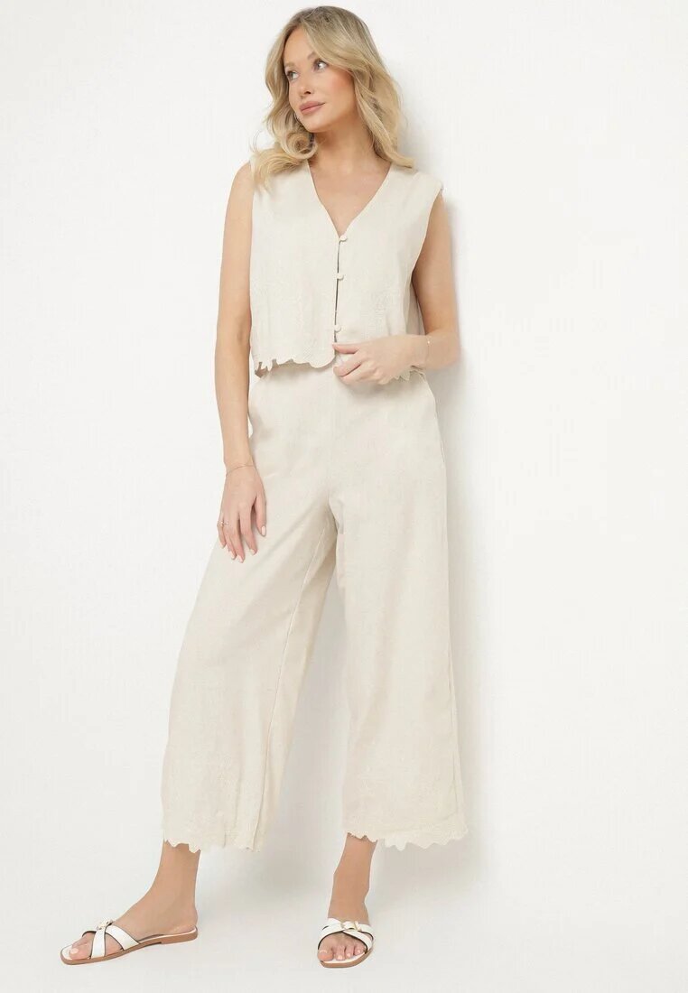 melya by melody Set Bej deschis din Bumbac Vestă și Pantaloni Decorat cu Broderie Sesitria