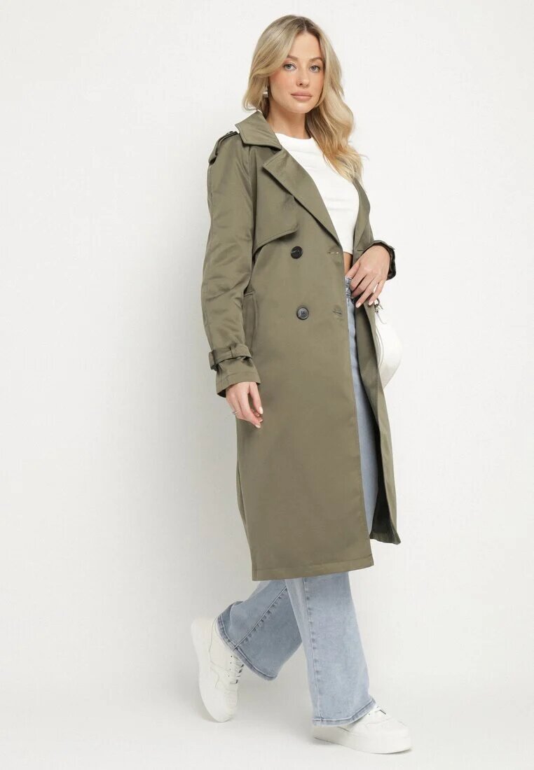 melya by melody Trenci Lung Verde închis cu un croi clasic cu curea Nasde