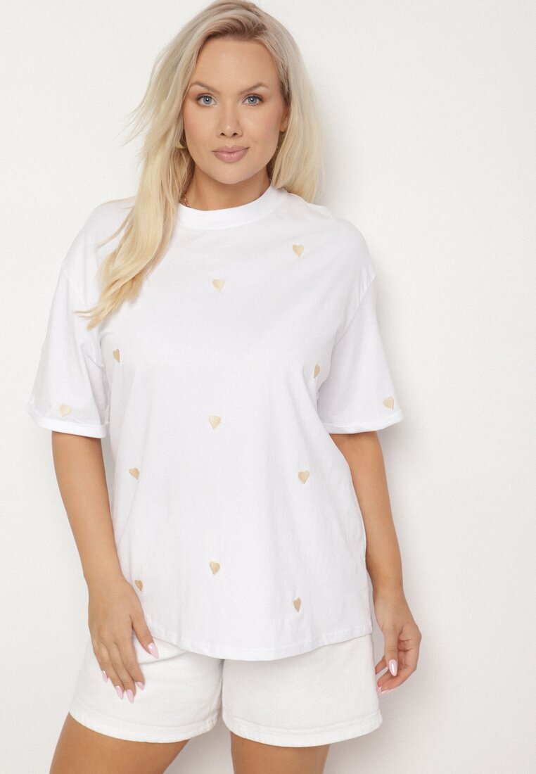 melya by melody Tricou Alb-Bej din Bumbac Decorat cu Broderie în Formă de Inimi Naloree