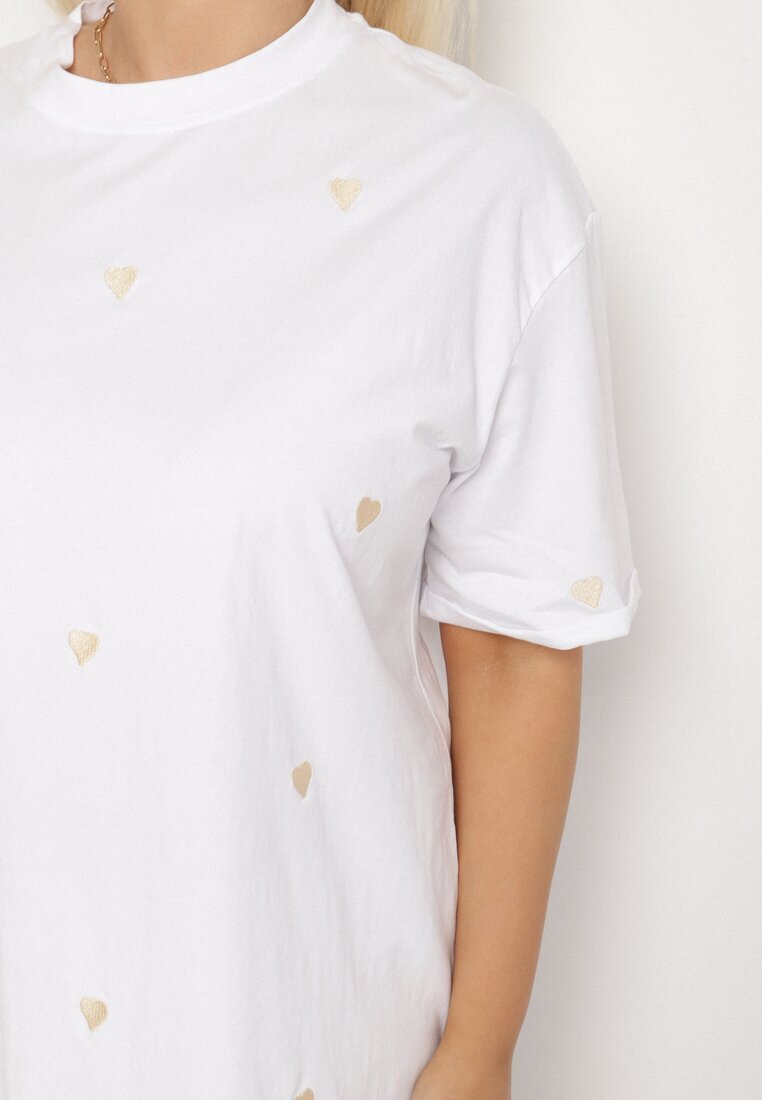 melya by melody Tricou Alb-Bej din Bumbac Decorat cu Broderie în Formă de Inimi Naloree