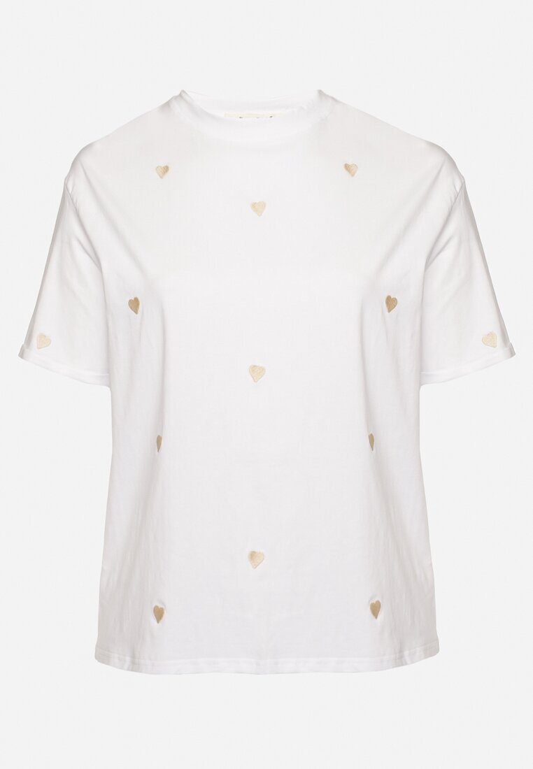 melya by melody Tricou Alb-Bej din Bumbac Decorat cu Broderie în Formă de Inimi Naloree