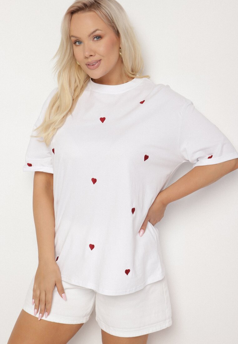 melya by melody Tricou Alb-Roșu de Bumbac Decorat cu Broderie în Formă de Inimi Naloree