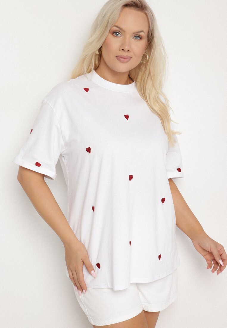 melya by melody Tricou Alb-Roșu de Bumbac Decorat cu Broderie în Formă de Inimi Naloree