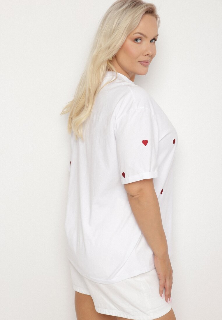 melya by melody Tricou Alb-Roșu de Bumbac Decorat cu Broderie în Formă de Inimi Naloree
