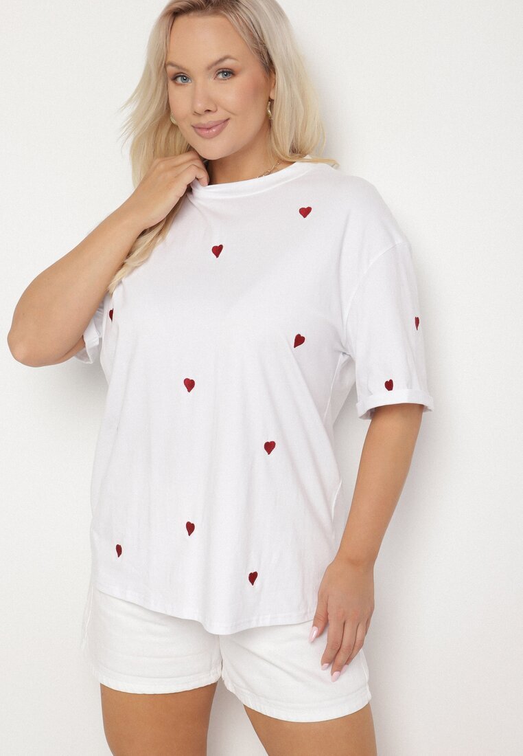 melya by melody Tricou Alb-Roșu de Bumbac Decorat cu Broderie în Formă de Inimi Naloree
