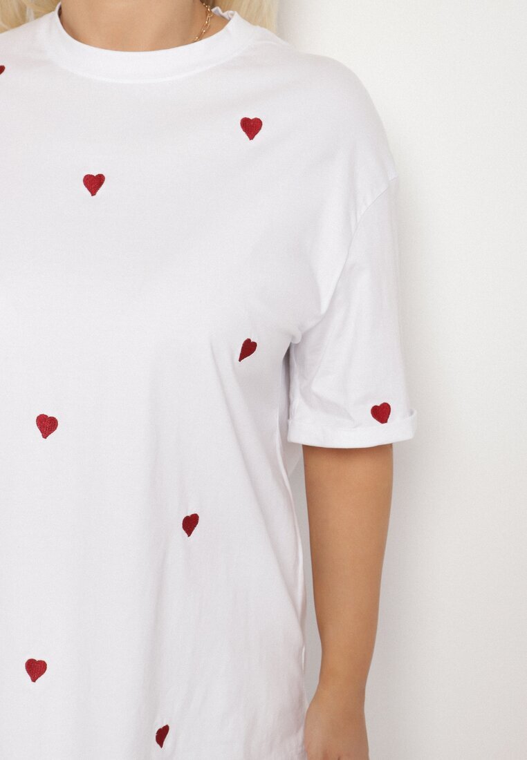 melya by melody Tricou Alb-Roșu de Bumbac Decorat cu Broderie în Formă de Inimi Naloree