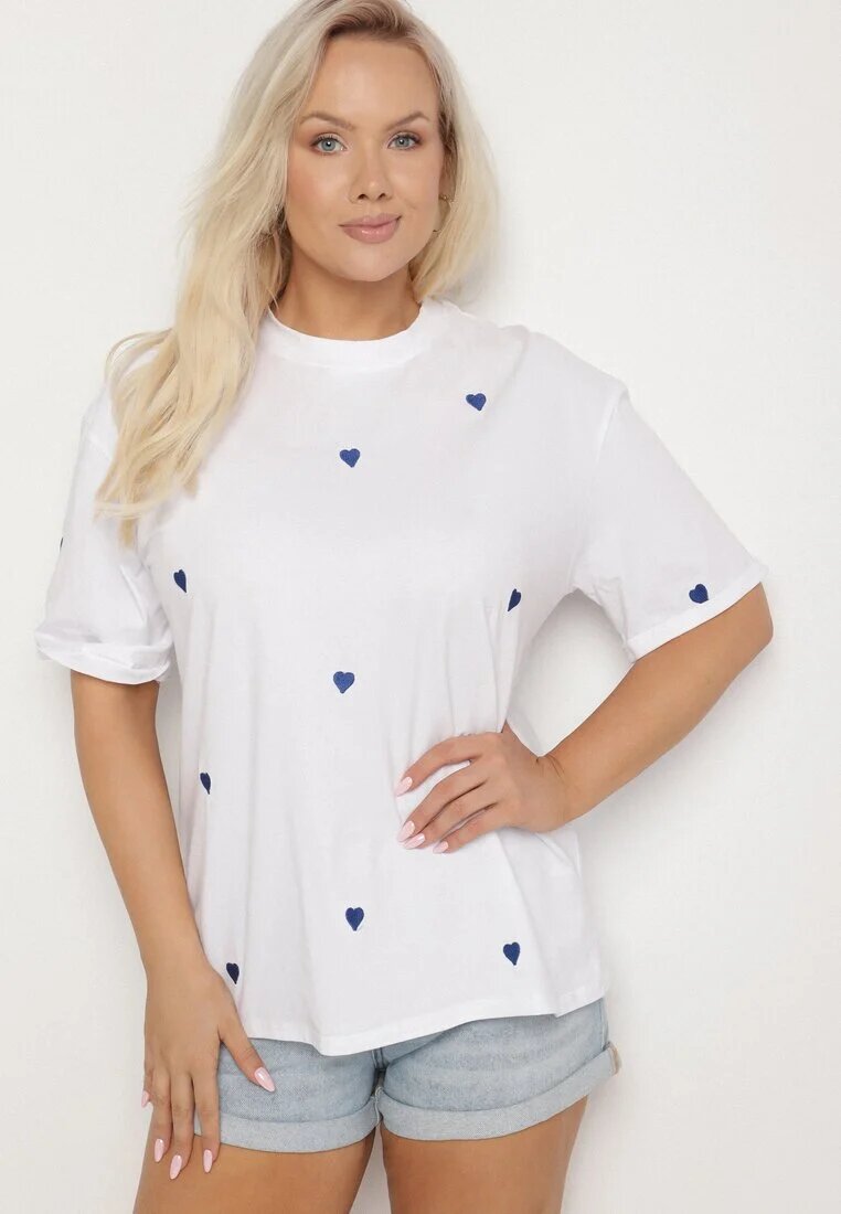 melya by melody Tricou din Bumbac Albastru-Alb Decorat cu Broderie în formă de Inimi Naloree