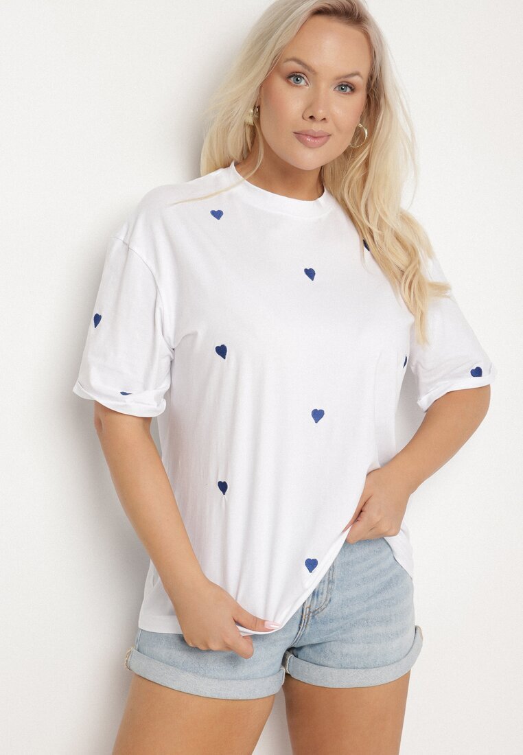 melya by melody Tricou din Bumbac Albastru-Alb Decorat cu Broderie în formă de Inimi Naloree