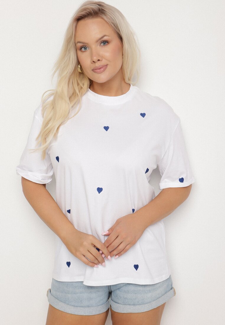 melya by melody Tricou din Bumbac Albastru-Alb Decorat cu Broderie în formă de Inimi Naloree