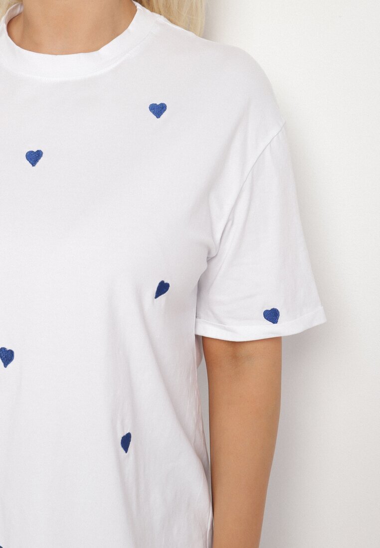 melya by melody Tricou din Bumbac Albastru-Alb Decorat cu Broderie în formă de Inimi Naloree