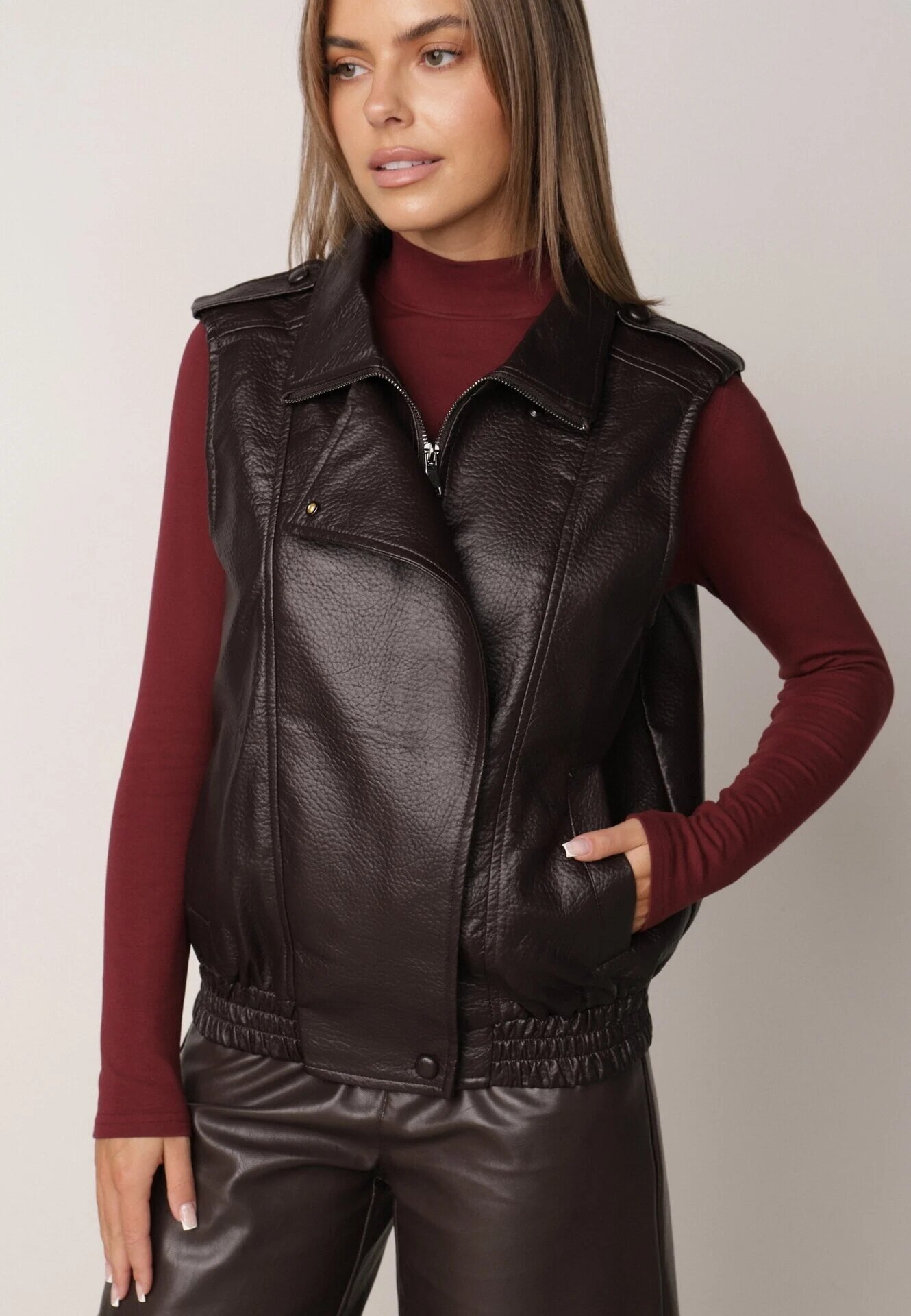 melya by melody Vestă Casual cu aspect de piele cu guler Elouise Maro