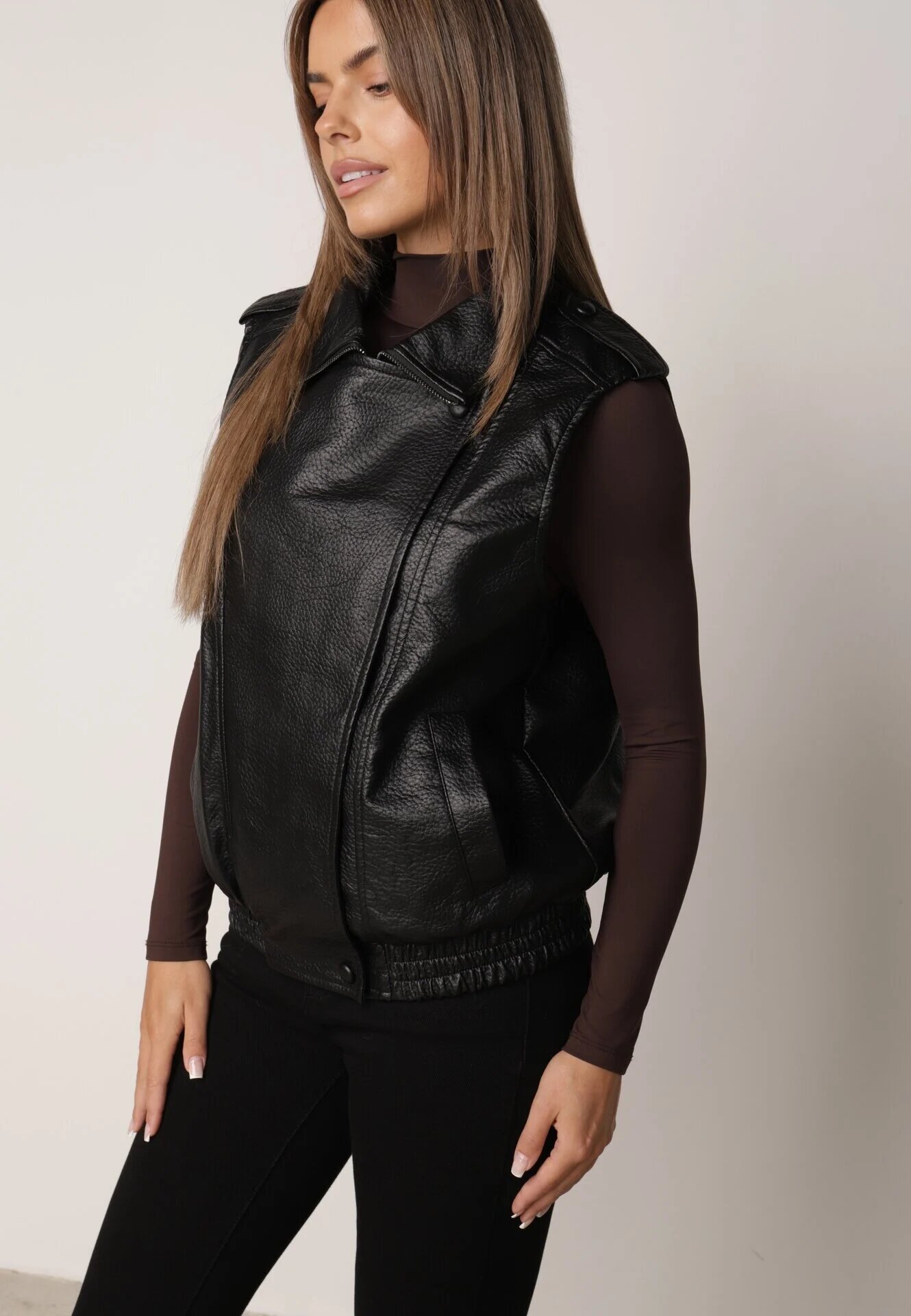 melya by melody Vestă Casual cu aspect de piele cu guler Elouise Neagră