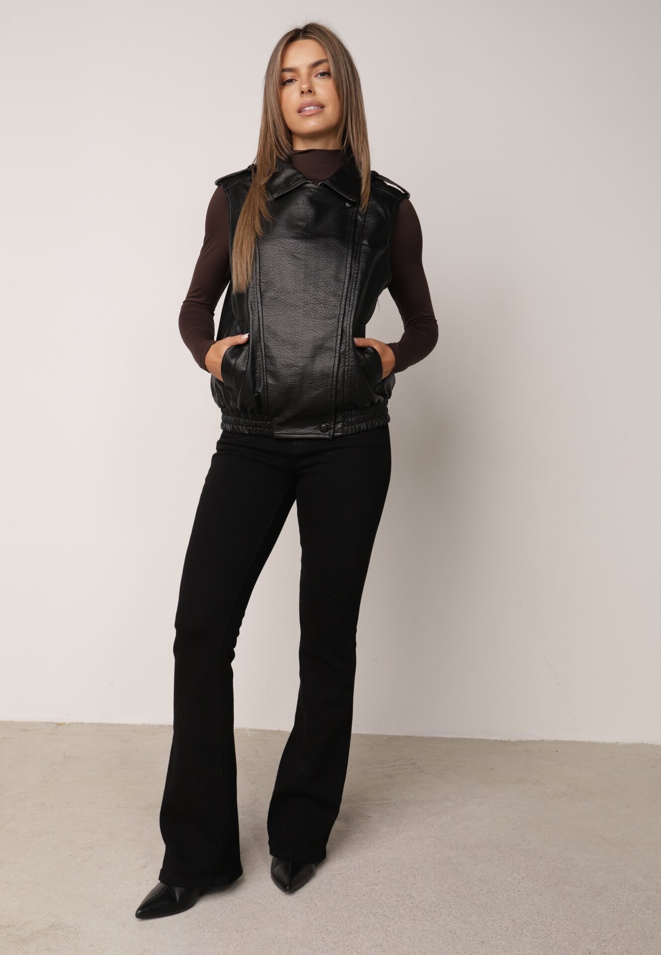 melya by melody Vestă Casual cu aspect de piele cu guler Elouise Neagră
