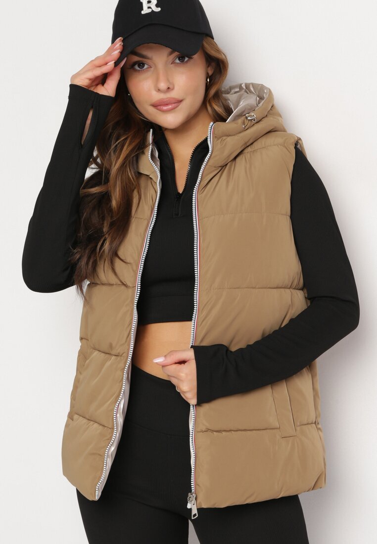 melya by melody Vestă reversibilă bej cu glugă și matlasată Delise