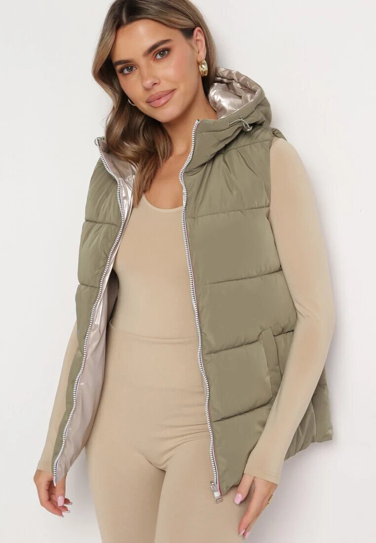 melya by melody Vestă Reversibilă Verde cu Glugă și Matlasată Delise
