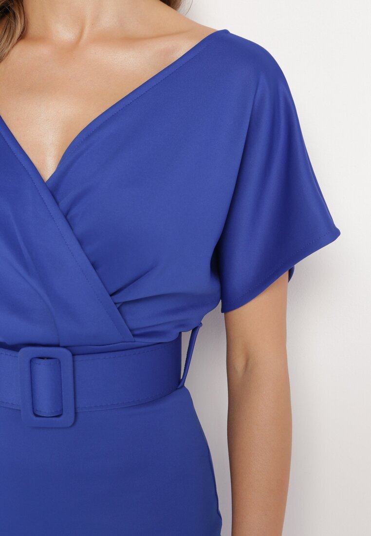 messaya Rochie Bleumarin cu Decolteu Petrecut cu Curea din Material Decorată cu Cataramă Fienara