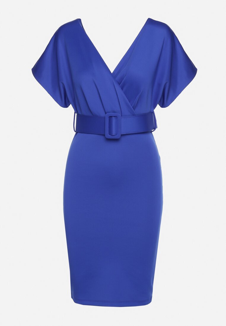 messaya Rochie Bleumarin cu Decolteu Petrecut cu Curea din Material Decorată cu Cataramă Fienara