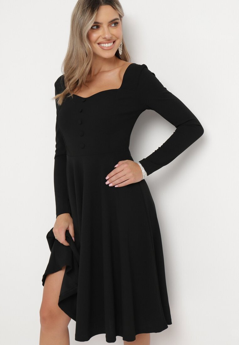 messaya Rochie Cloche Midi Neagră cu nasturi decorativi Aramita