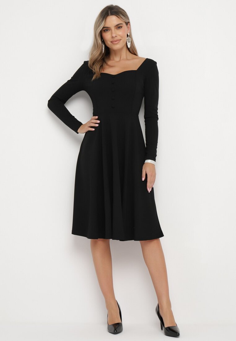 messaya Rochie Cloche Midi Neagră cu nasturi decorativi Aramita