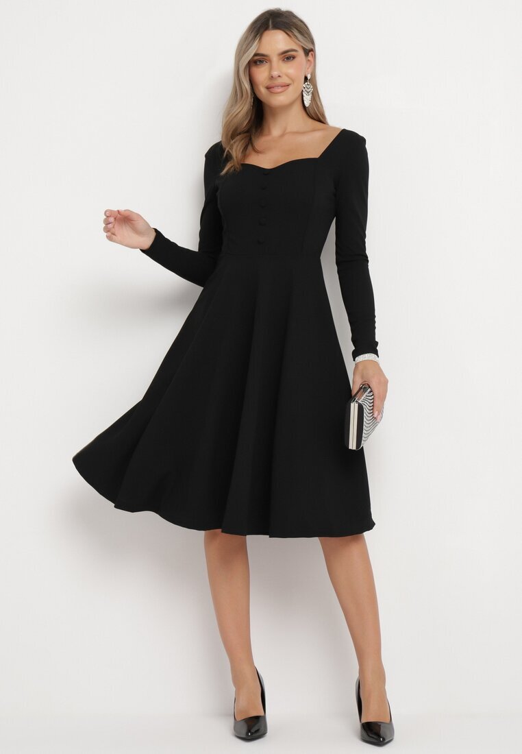 messaya Rochie Cloche Midi Neagră cu nasturi decorativi Aramita